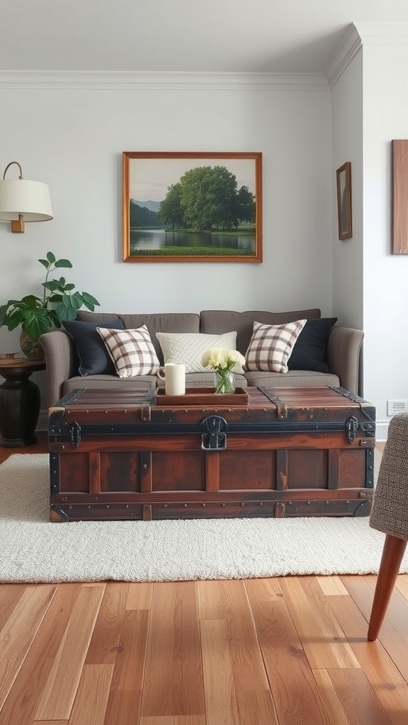 Living room featuring a vintage trunk as a coffee table, cozy sofa, and warm wood flooring.