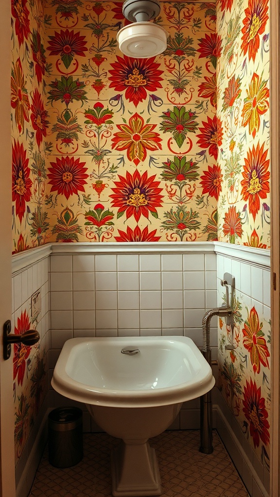 A vintage wallpaper pattern featuring vibrant flowers in a bathroom setting.