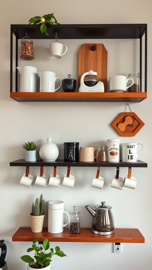 A wall-mounted coffee shelf featuring two levels with coffee mugs, a coffee maker, and decorative plants.