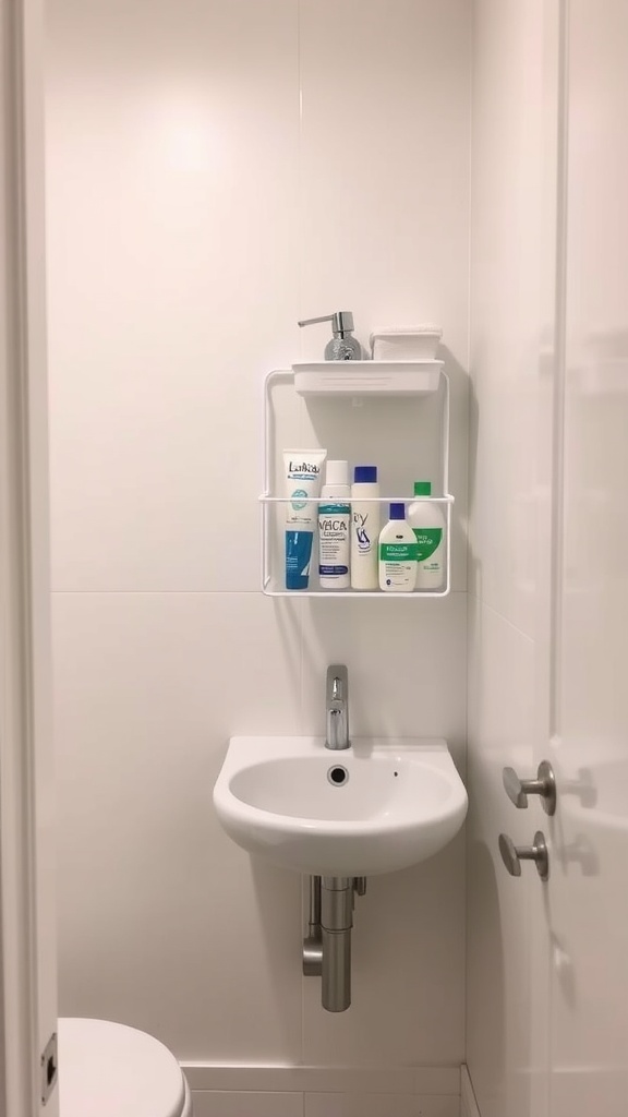 Wall-mounted toiletries organizer in a small bathroom, featuring various toiletries on display.