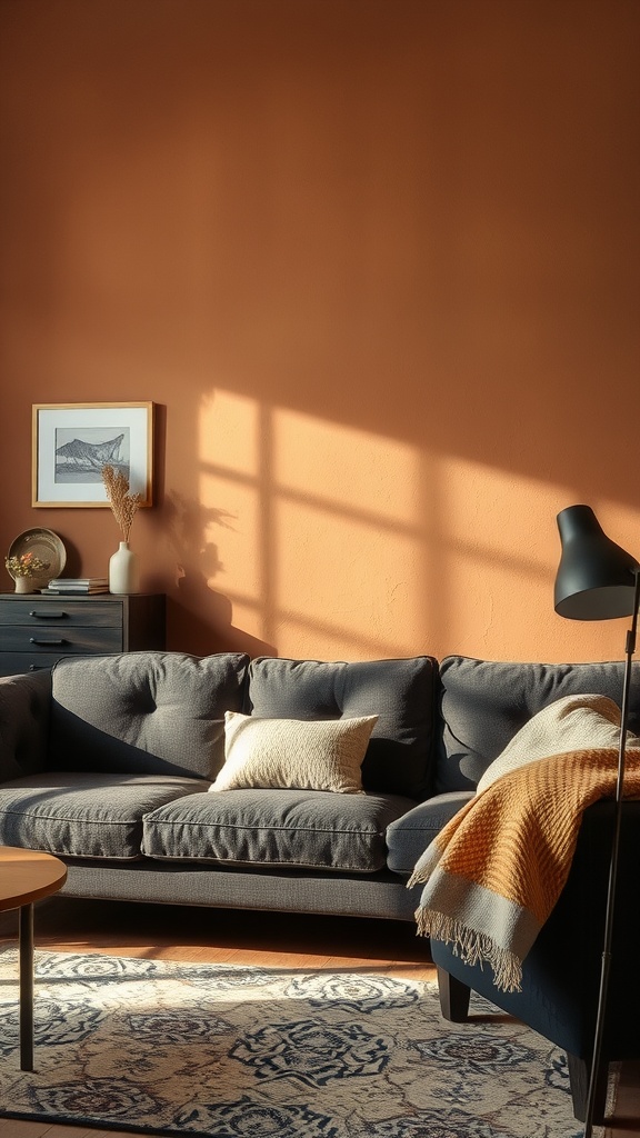 Living room featuring a dark gray couch, terracotta wall, soft pillows, and a warm throw blanket.