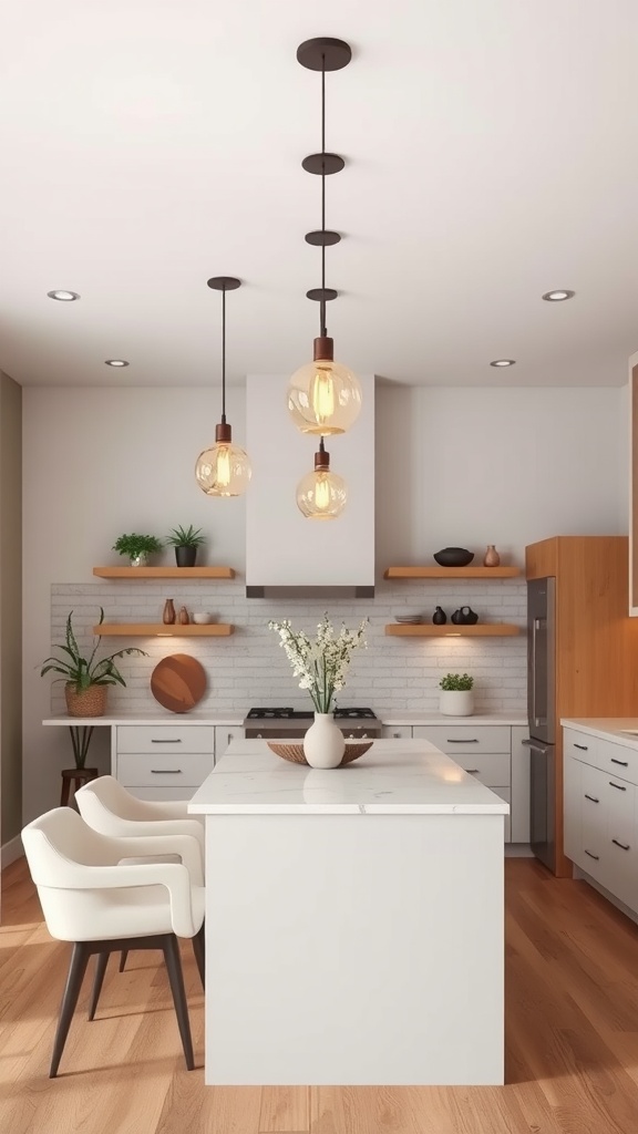 A bright kitchen featuring warm pendant lighting above a white island, with modern decor.