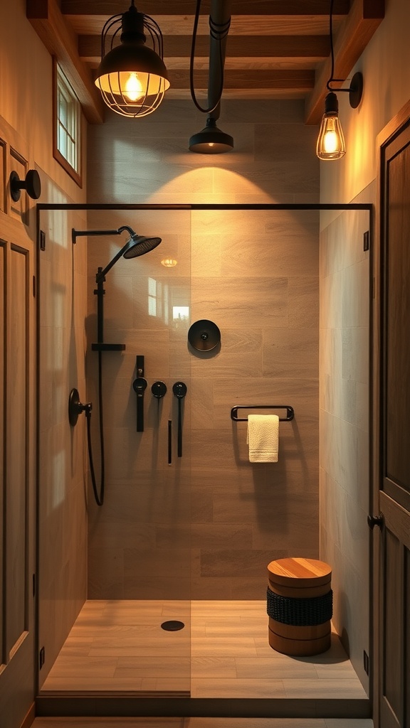 A rustic walk-in shower featuring warm lighting fixtures, wooden accents, and a clean design.