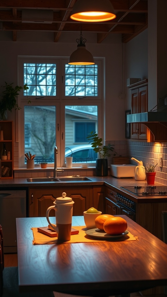 Cozy cottage kitchen with warm lighting, featuring a table with fruits and a coffee pot.