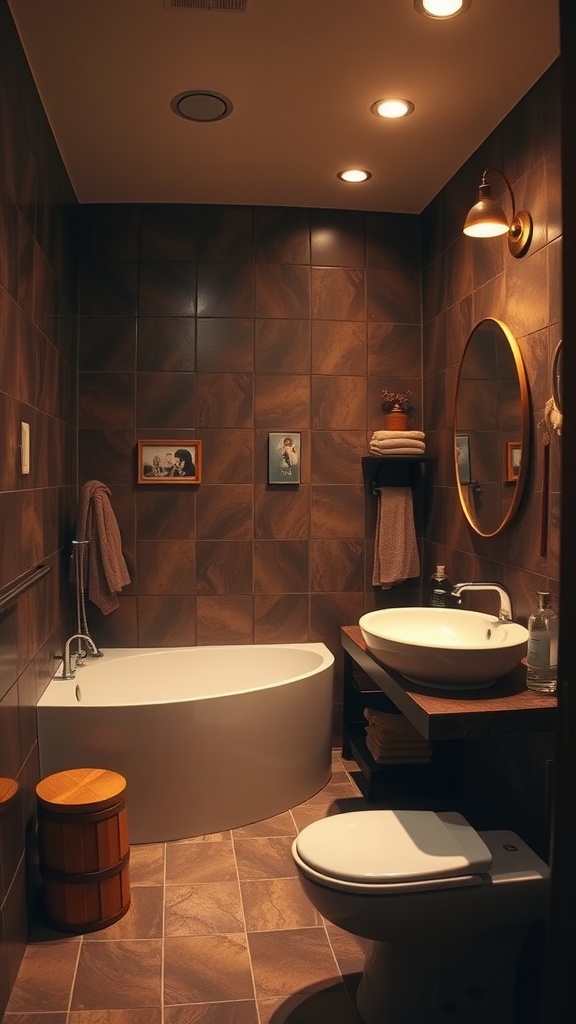 Cozy brown bathroom with warm lighting, featuring a bathtub, sink, and wooden accents.