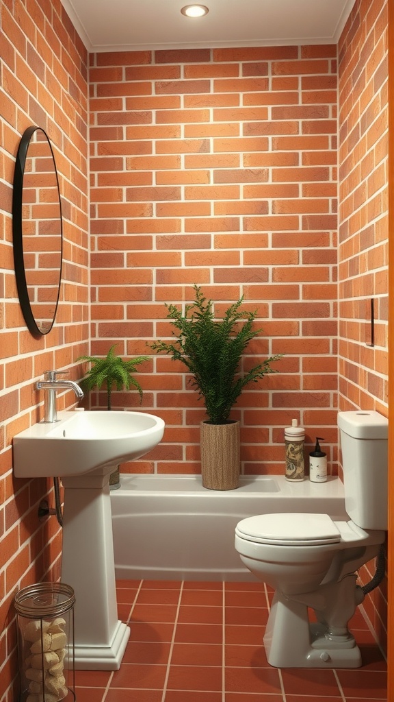 A small bathroom with terracotta brick walls, cream grout, a white sink, a mirror, and a potted plant