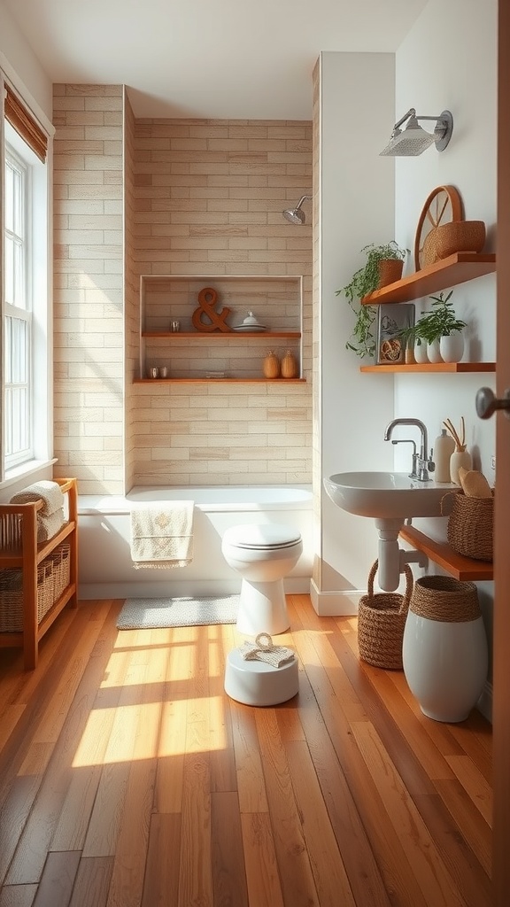 A bathroom featuring warm wooden planks, natural light, and cozy decor.