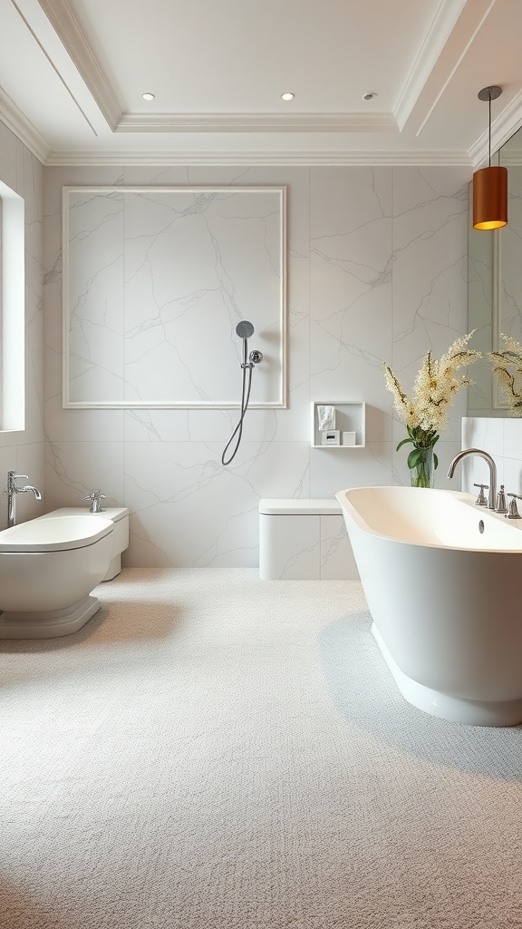 A modern bathroom with light water-resistant carpet, elegant fixtures, and stylish tiles.