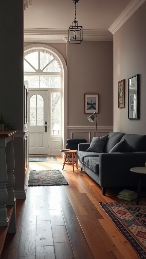 A stylish entryway featuring a dark gray couch, warm wood flooring, and framed artwork on the walls.