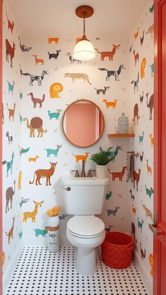 A colorful bathroom with animal print wallpaper, featuring a round mirror and bright decor.