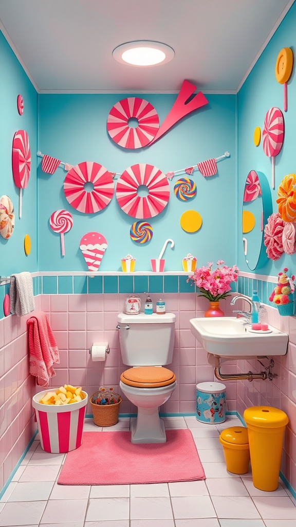 A whimsical Candyland themed bathroom with colorful candy decorations and bright colors