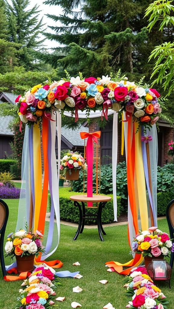 Colorful floral arch with ribbons at a garden wedding ceremony