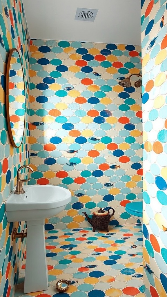 A bathroom featuring whimsical colored fish scale tiles in bright oranges, blues, and yellows.