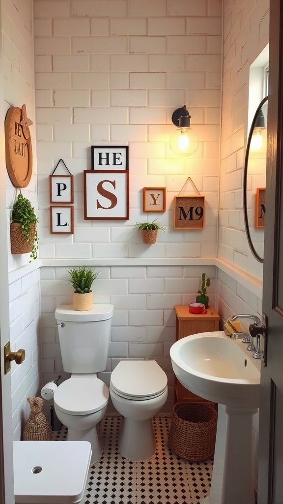 A small bathroom featuring whimsical decor, including playful letter art and greenery.