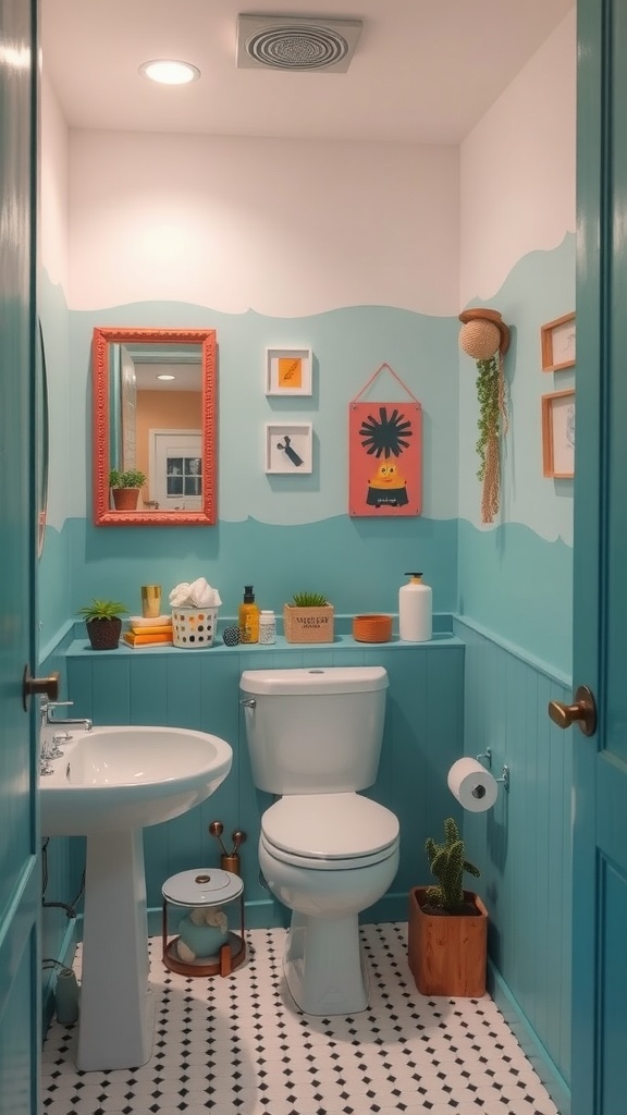 A whimsical bathroom with turquoise walls, playful decor, and a cheerful atmosphere.