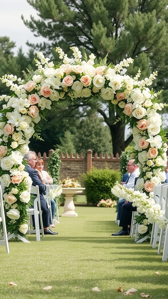 A floral arch made of white and pink roses, surrounded by green foliage, set in a garden wedding venue.