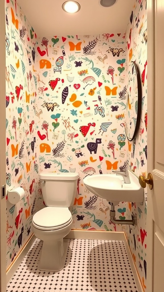 A small bathroom with colorful whimsical wallpaper featuring animals and flowers, complemented by a round mirror and compact sink.