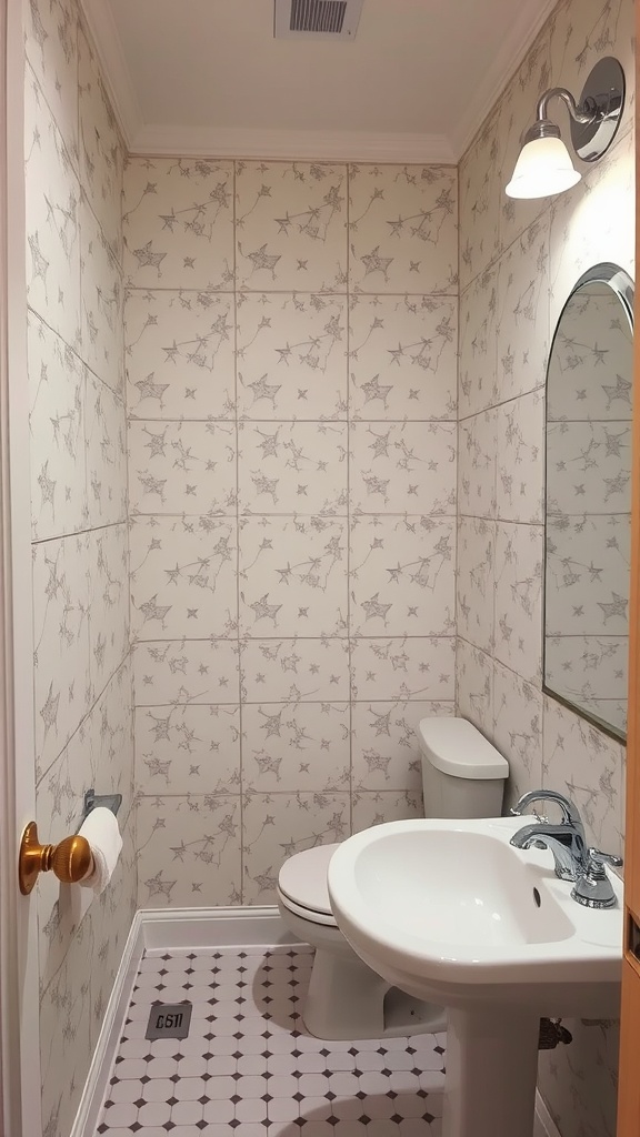 Small bathroom featuring whimsical star wallpaper, a sink, and a toilet.