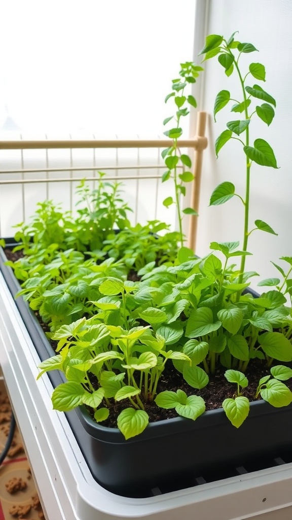 Lush green plants growing in a wicking bed hydroponic system