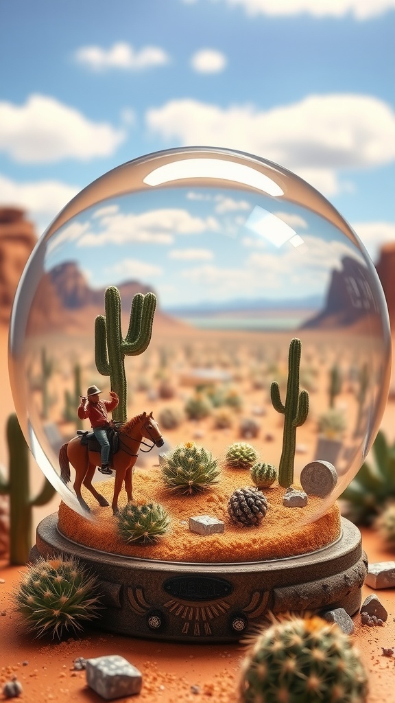 A snow globe featuring a cowboy on a horse in a desert landscape with cacti