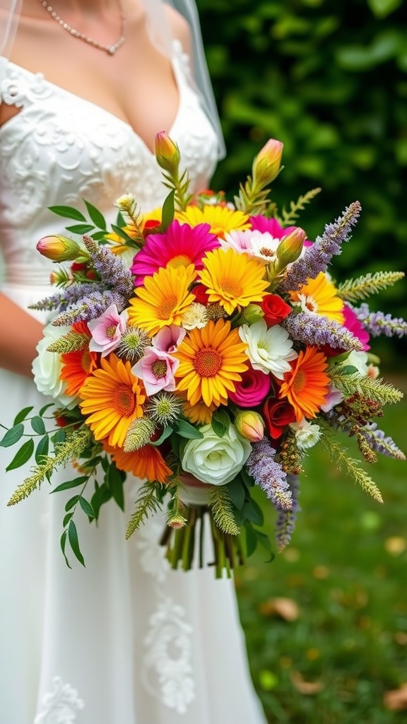 A closeup of a colorful wildflower bouquet held by a bride in a white dress.