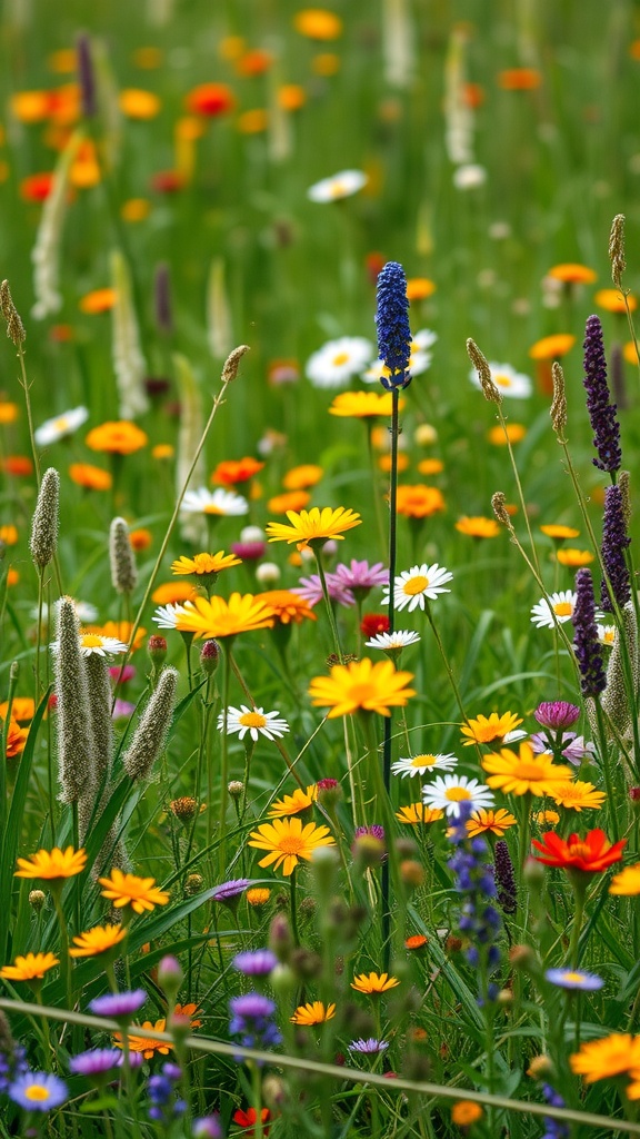 A vibrant wildflower meadow filled with a variety of colorful flowers.