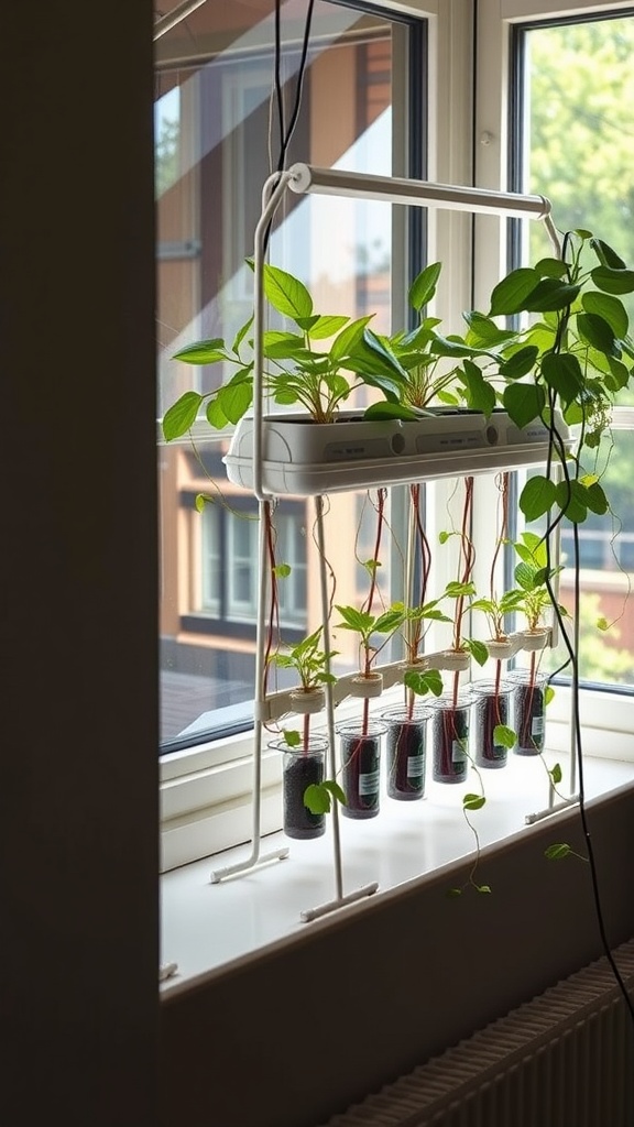 A vertical hydroponic window farm with plants growing in clear containers on a windowsill.