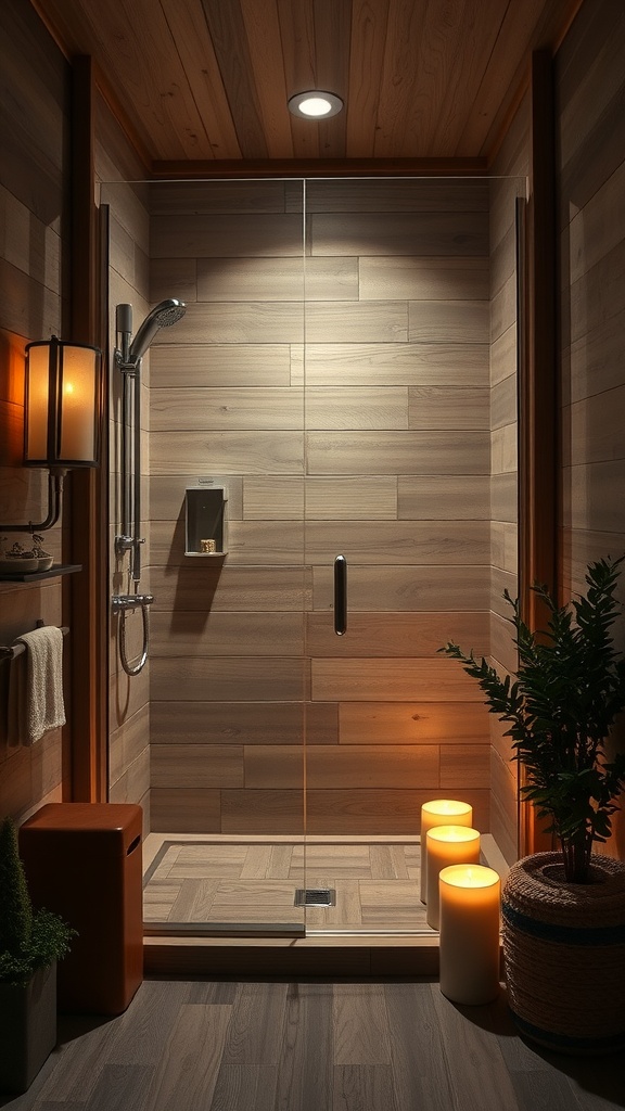 A rustic walk-in shower with wood accents and warm lighting, featuring candles and plants for a cozy atmosphere.