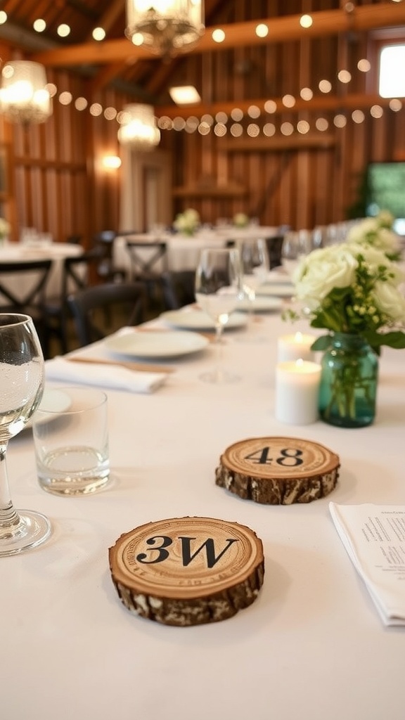 Beautifully set table with wood slice coasters at a rustic chic wedding