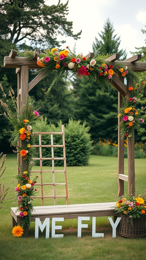 A wooden wedding arbor beautifully decorated with colorful flowers and a playful sign reading 'ME FLY'.