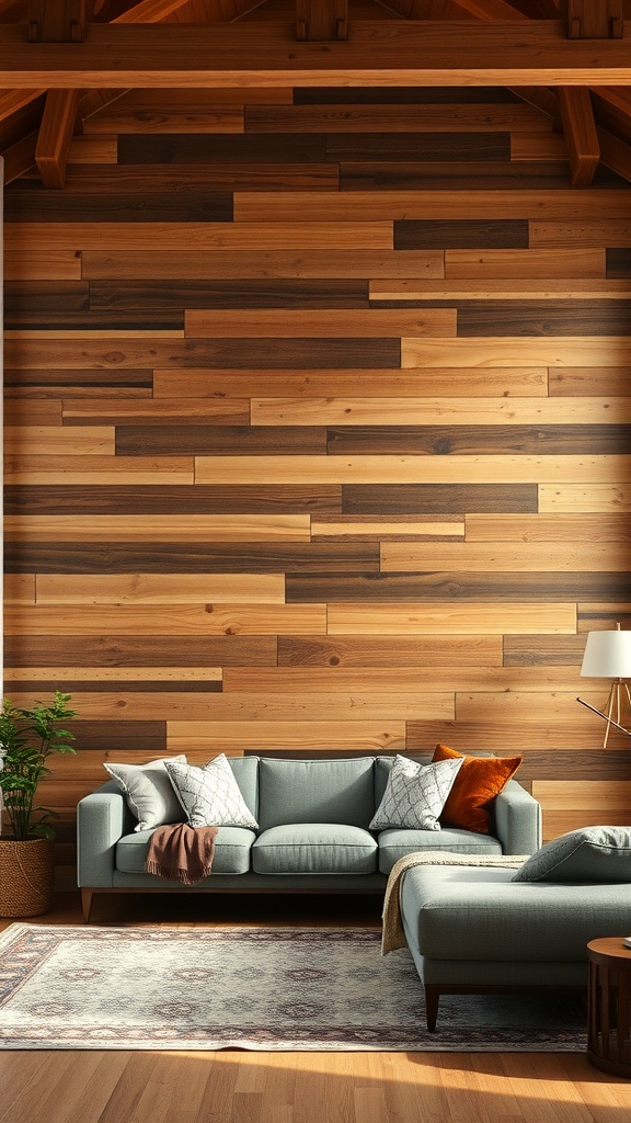 Living room featuring a wooden beam accent wall with various shades of wood planks and a light blue sofa.