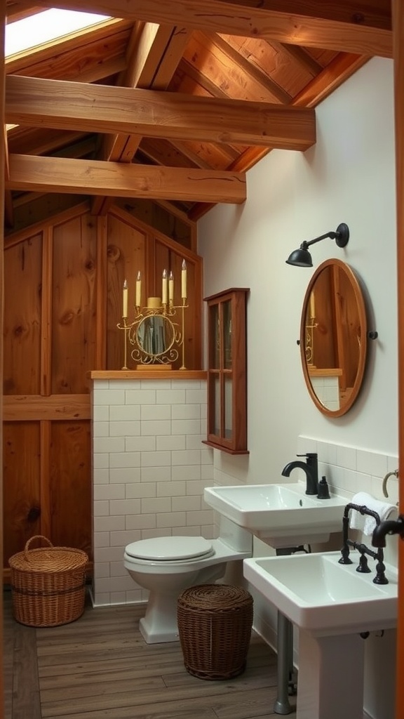 Modern farmhouse bathroom featuring wooden beams, sinks, and rustic decor.