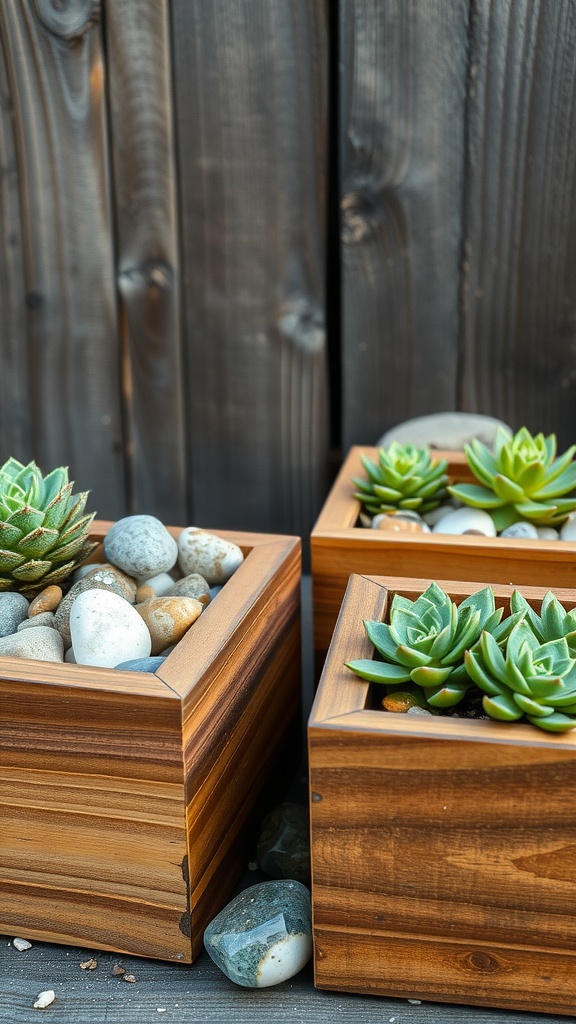 Wooden planters filled with various succulents and decorative rocks.