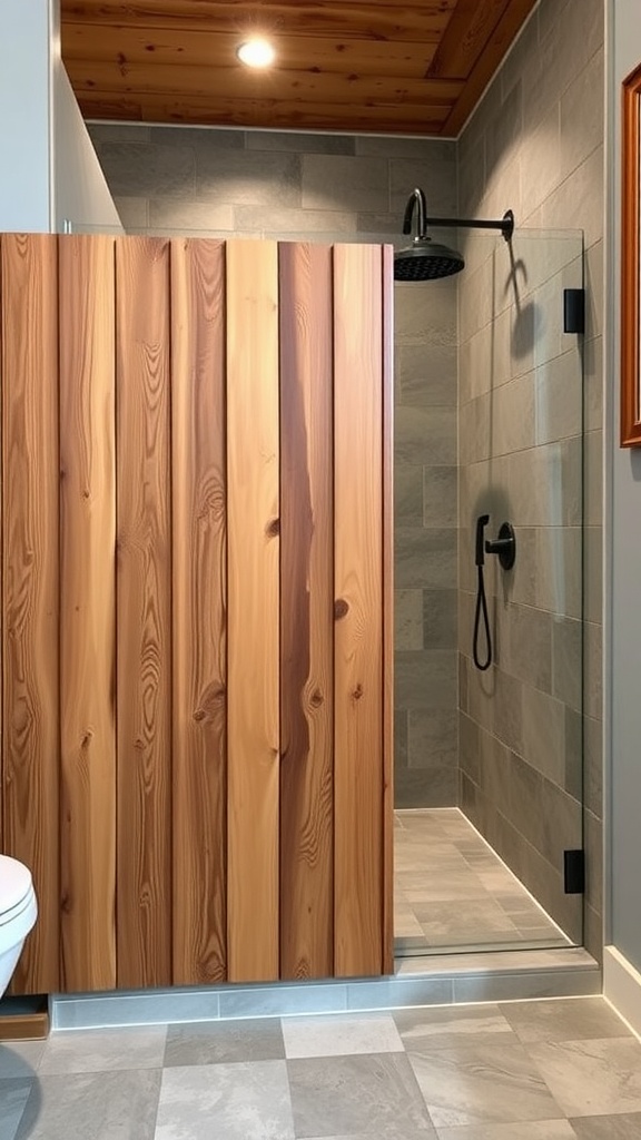 Rustic wooden privacy screen in a walk-in shower