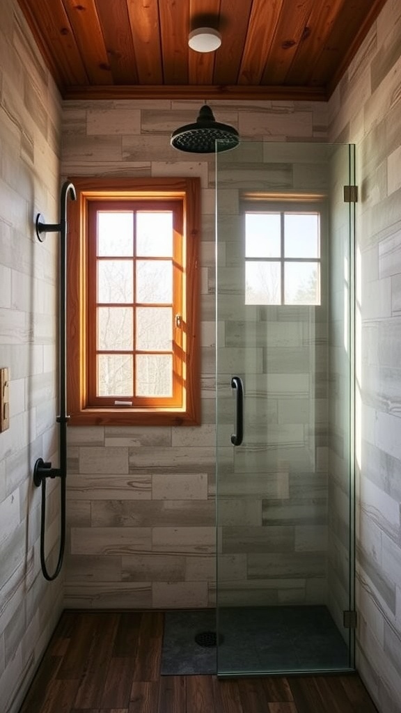 Walk-in shower featuring wooden window frames and modern glass enclosure.