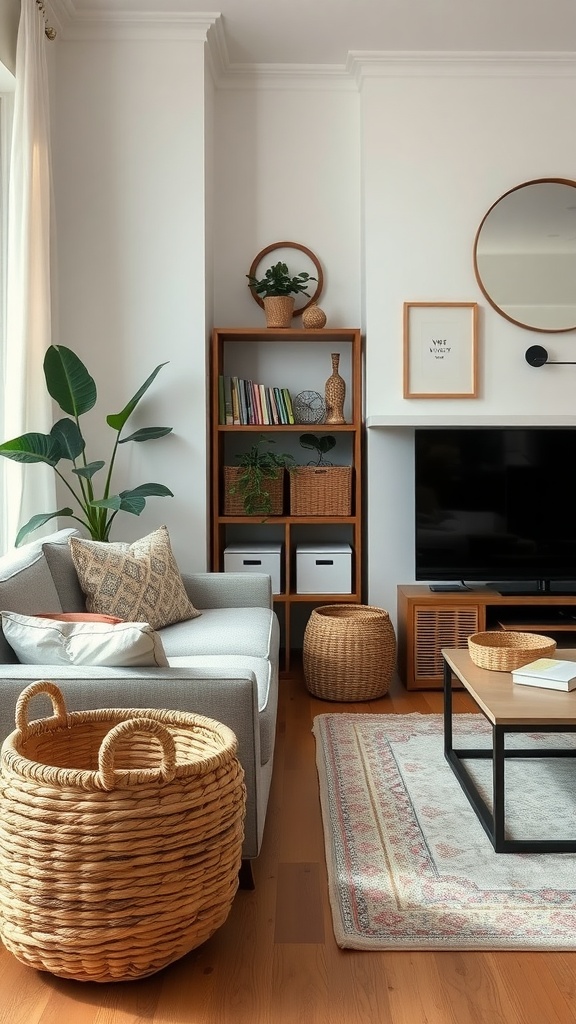 A cozy living room featuring woven baskets for storage, a comfortable sofa, and a wooden bookshelf.