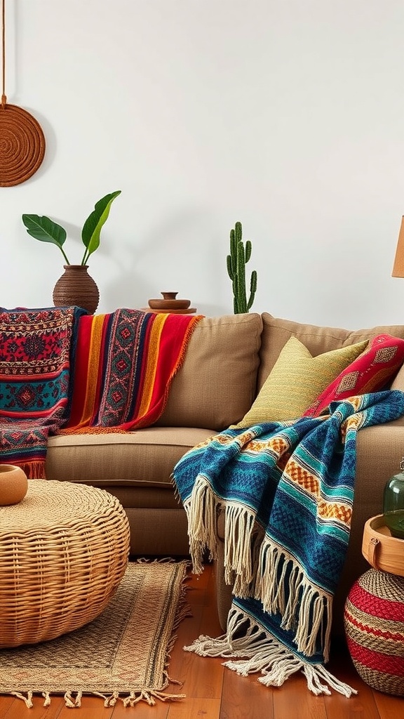 A cozy living room corner featuring colorful woven blankets on a sofa, a round woven coffee table, and decorative plants.