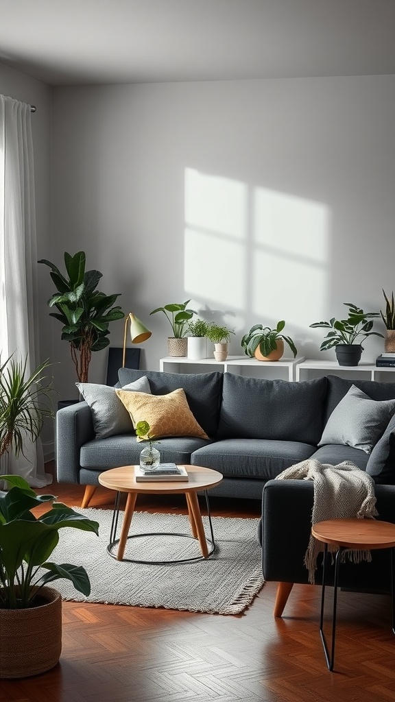 A serene living room with a dark gray couch, surrounded by plants and simple decor, creating a zen-inspired atmosphere.