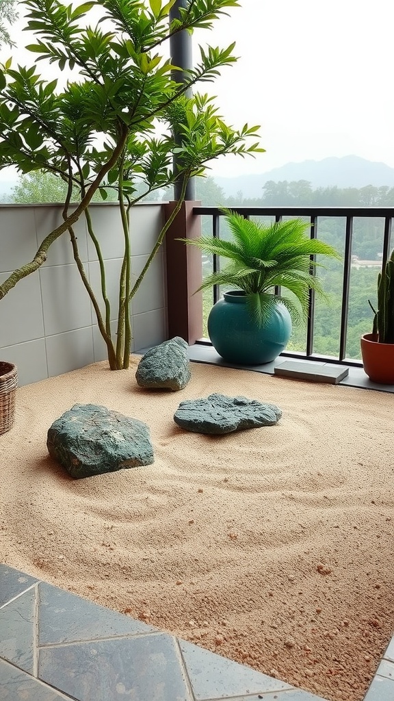 A serene terrace garden corner featuring sand, stones, and lush plants