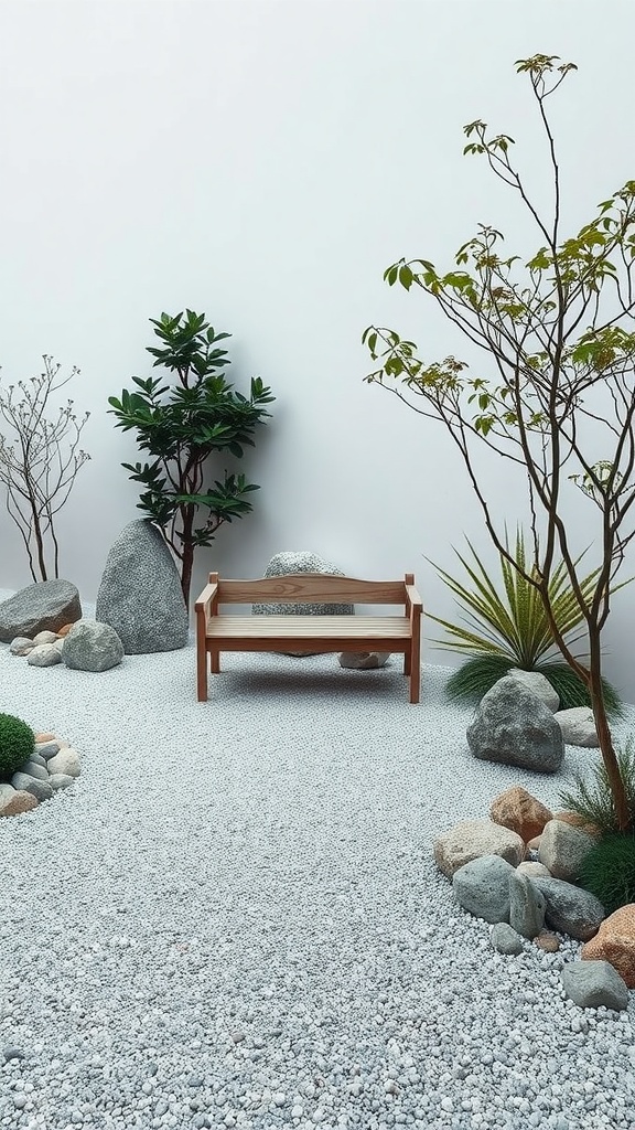 A serene Zen garden with gravel, rocks, and a wooden bench