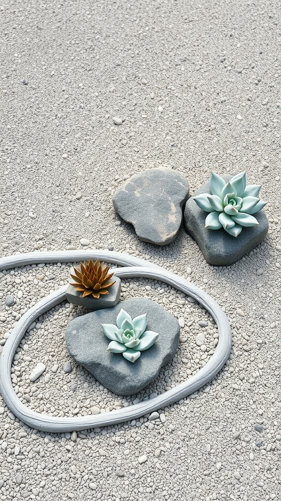 Zen rock garden featuring minimalist succulents and stones