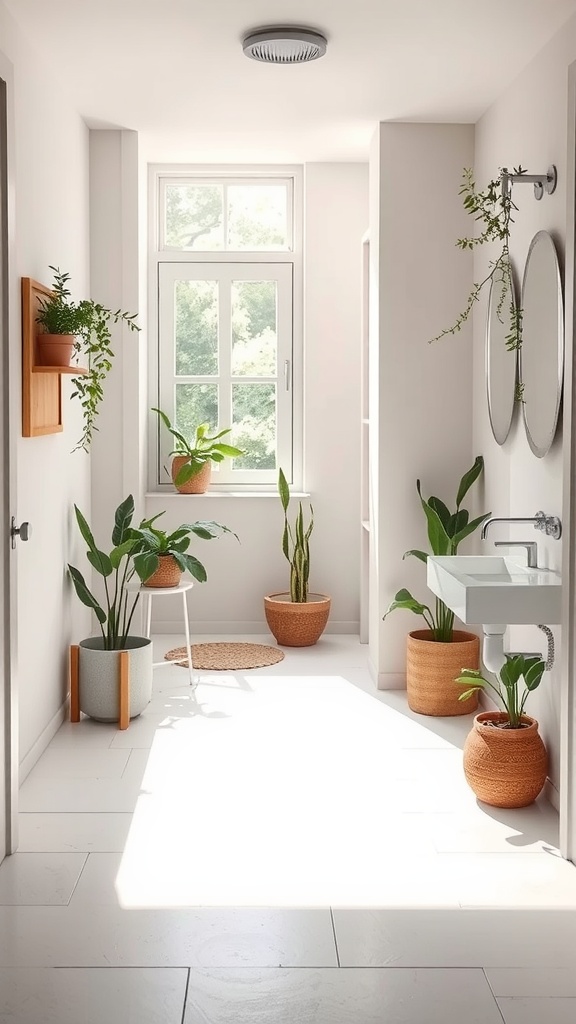 A bright and airy bathroom with plants, natural light, and simple decor.