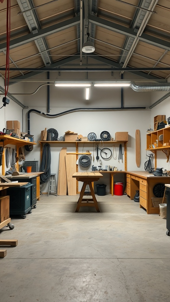 A spacious garage workshop with distinct zones for different projects, including workbenches and organized tools.