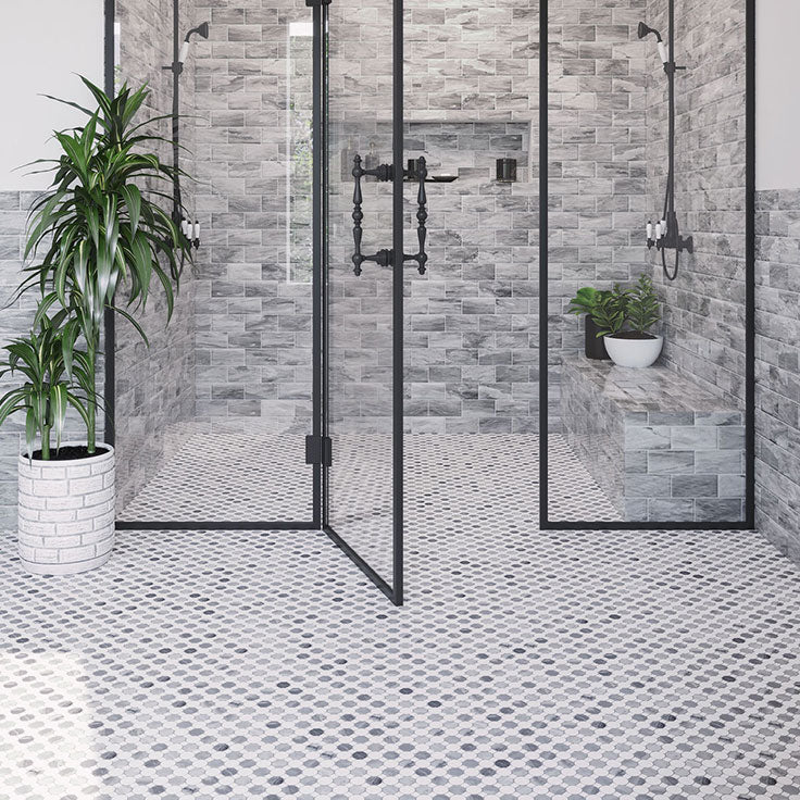 19 Inspiring Primary Bathroom Ideas to Elevate Your Space 1 bardiglio penny round carrara dot marble mosaic bathroom shower floorjpg