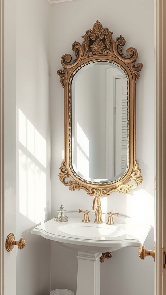 Elegant powder room featuring a decorative gold-framed mirror above a white sink.