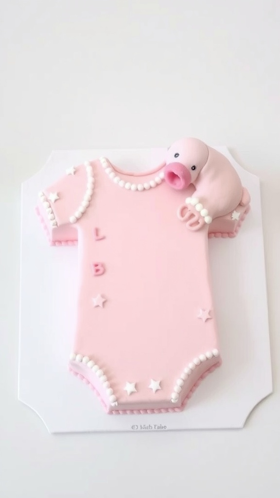 A pink onesie cake with a cute animal decoration on top, perfect for a baby boy baby shower.