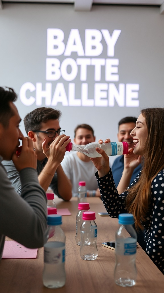 A group of friends participating in a Baby Bottle Chugging Contest at a baby shower.