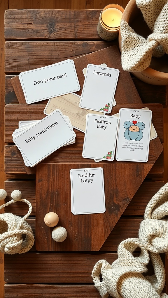 A collection of baby predictions and advice cards displayed on a wooden table with a candle and decorative items.