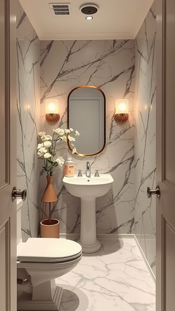 A stylish powder room with marble walls, a pedestal sink, and elegant lighting.