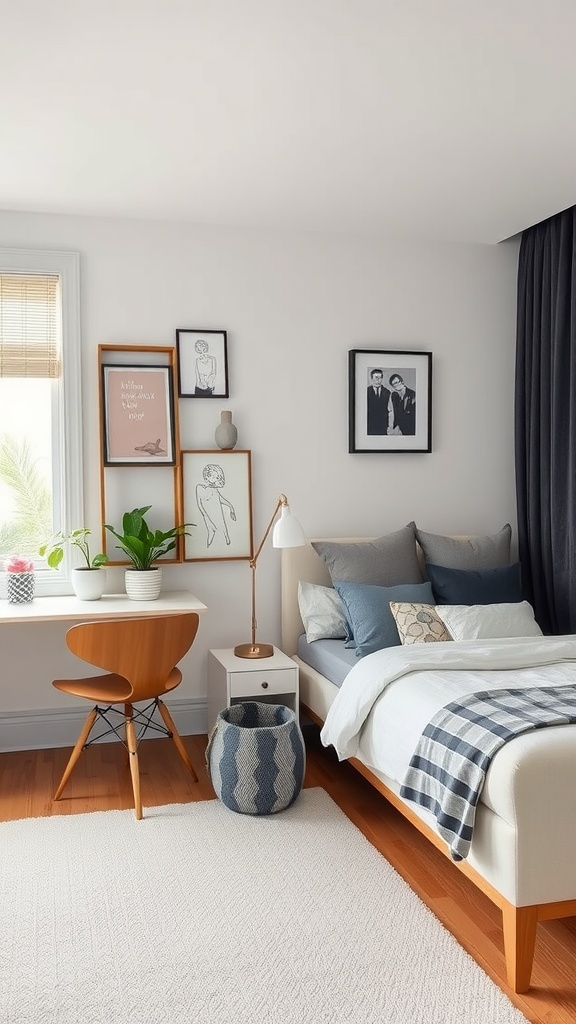 A small shared bedroom featuring a cozy bed, a desk, and decorative elements.
